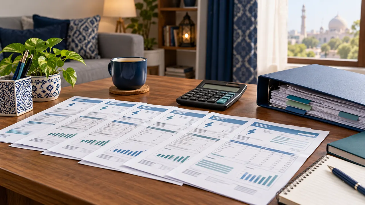 Illustrative desk with monthly electricity statements, a calculator and a filing folder