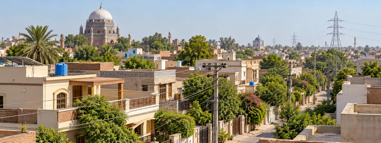 AI-generated illustrative residential scene inspired by Multan, with rooftops and electricity infrastructure
