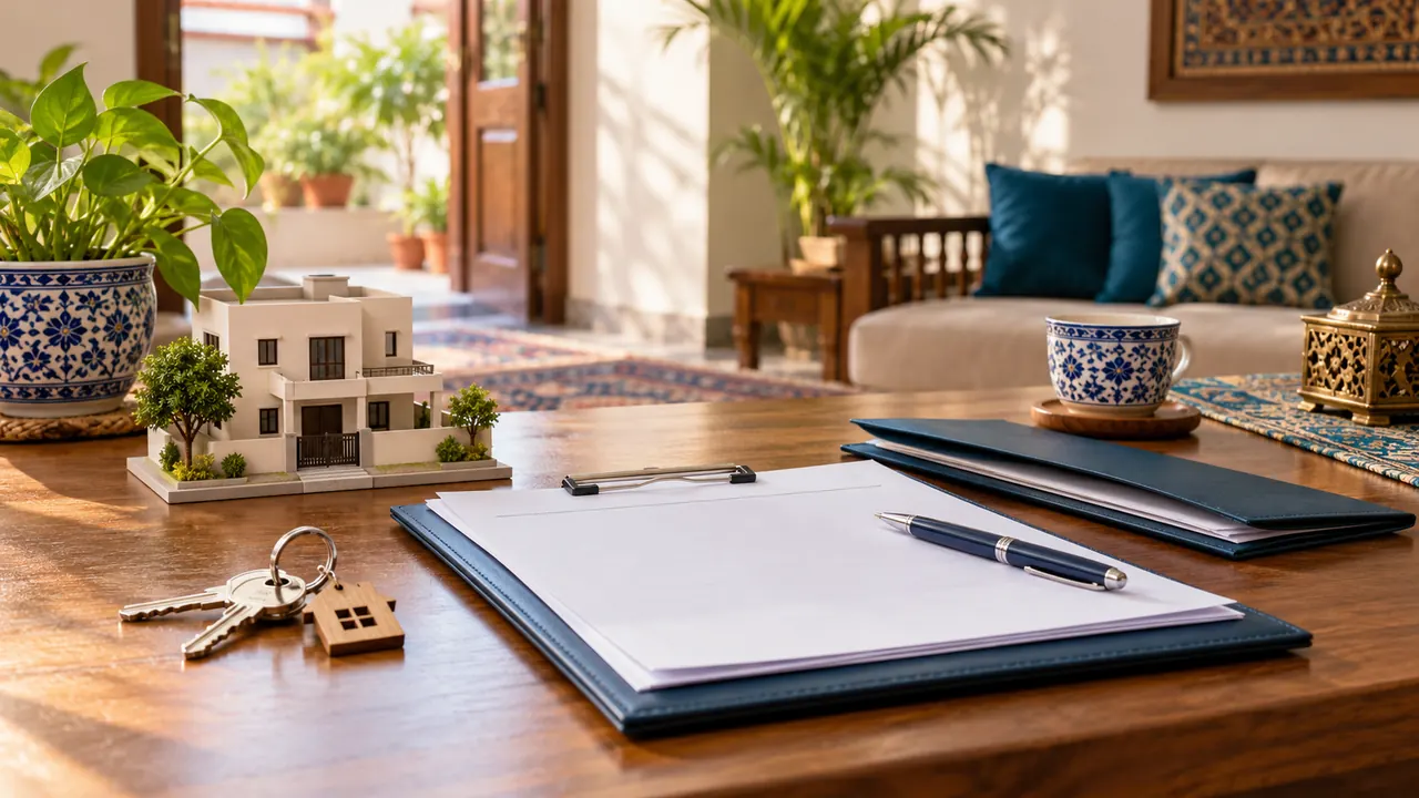 Illustrative desk with house keys, a model home and blank application papers